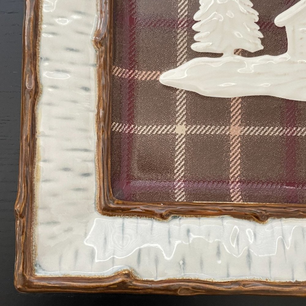 Homestudio Lake Cabin Dinner Plate Square Plaid Rustic Embossed Stoneware 11" - Picture 5 of 13